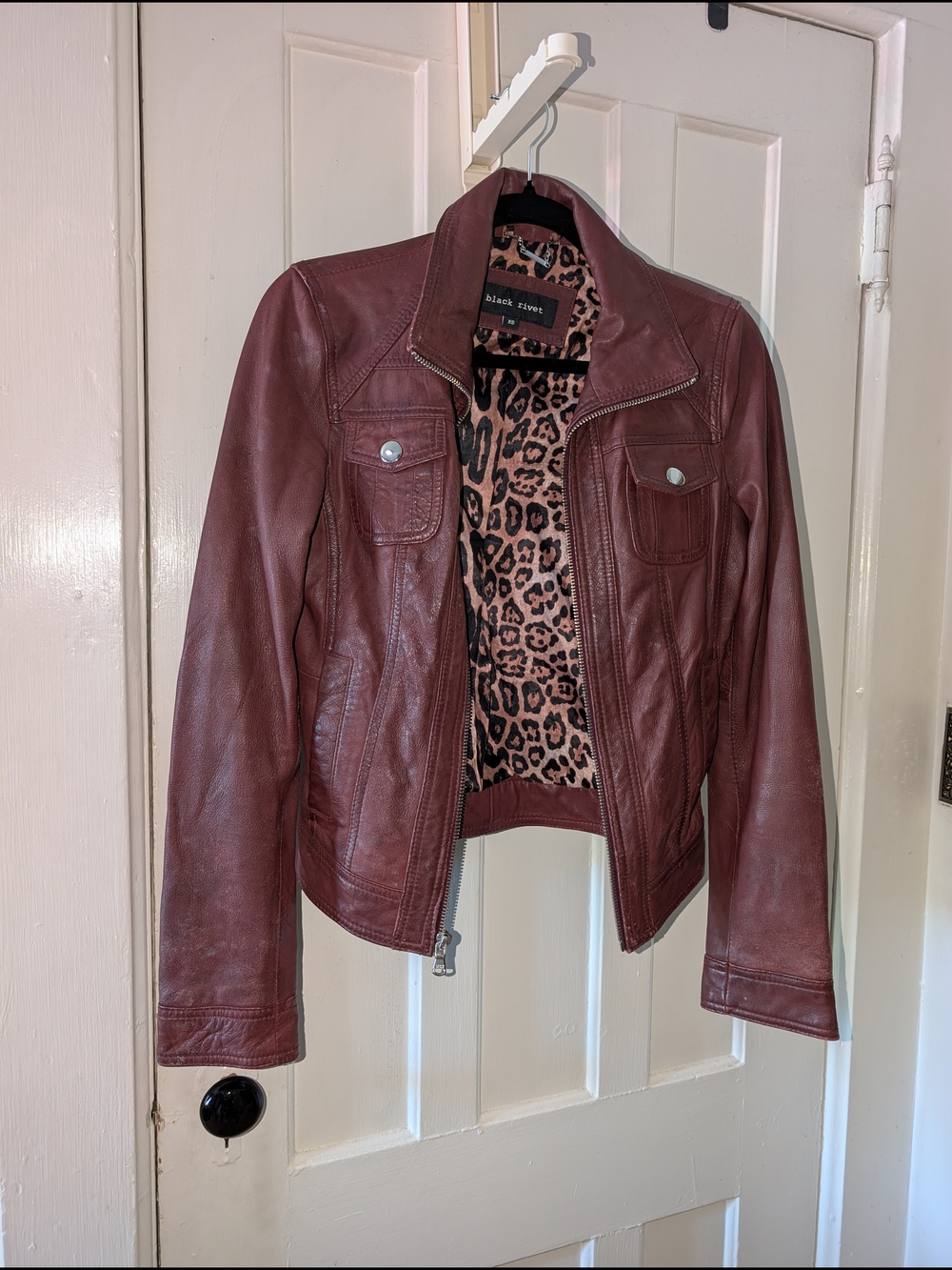 Black Rivet Genuine Leather Moto Jacket Burgundy Wine Red Leopard Lining XS